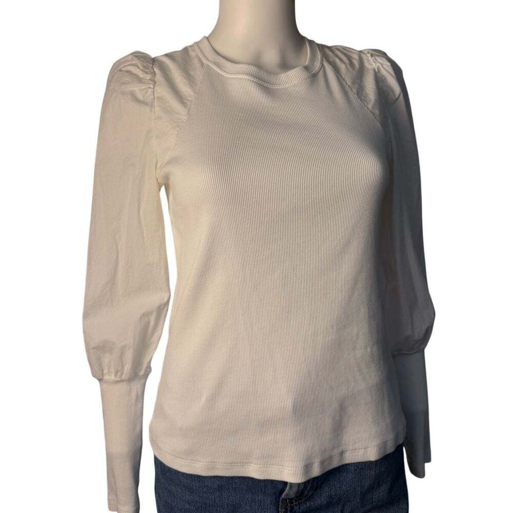 Veronica Beard White Ribbed Poplin Puff Sleeve Long Sleeve Top Size S